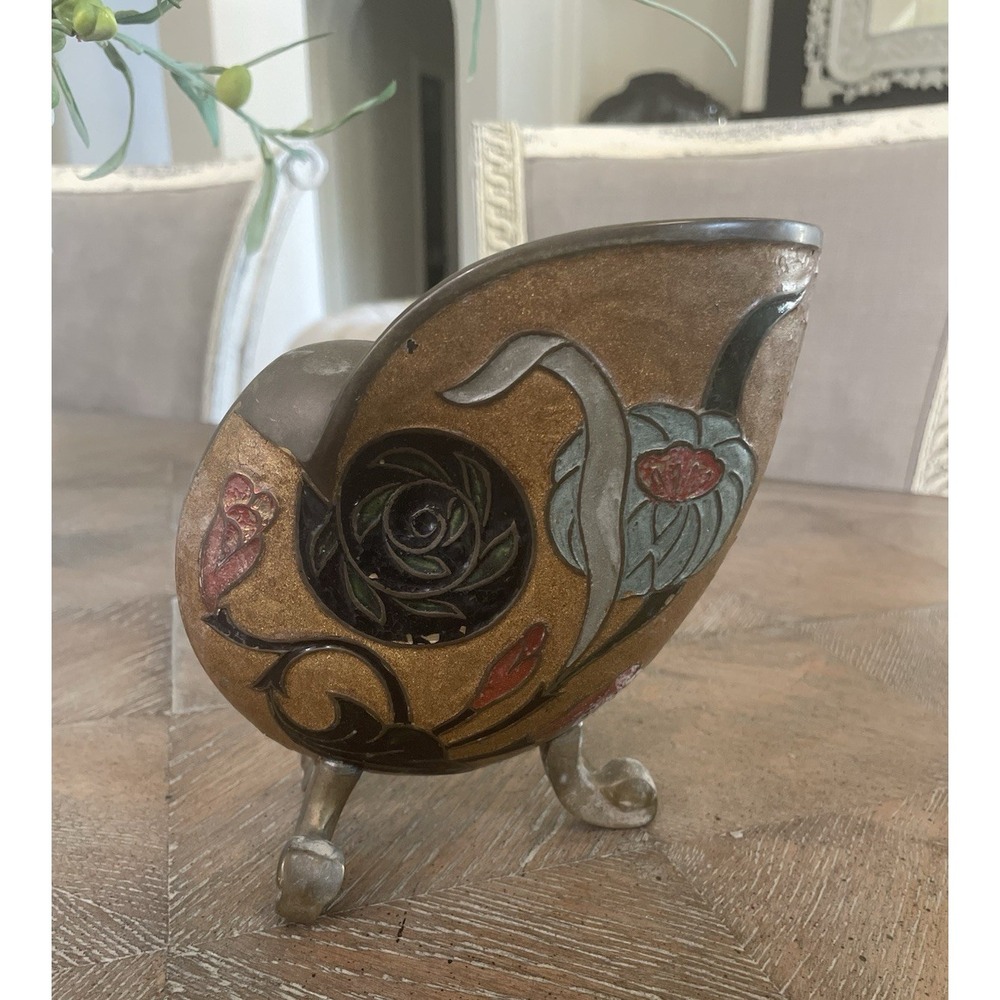 Vtg Antique Brass & Enamel Floral Cloisonné Nautilus Shell‎ Vase Urn 6" x 6"